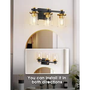 20 in. 3-Light Black and Gold Bathroom Vanity Light with Clear Glass Shades for Mirror and Vanity