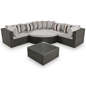 Brown 7-Piece Wicker Outdoor Sectional Set Conversation Sofa with Gray Cushions and Colorful Pillows