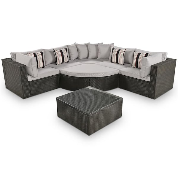 Sudzendf Brown 7-Piece Wicker Outdoor Sectional Set Conversation Sofa with Gray Cushions and Colorful Pillows