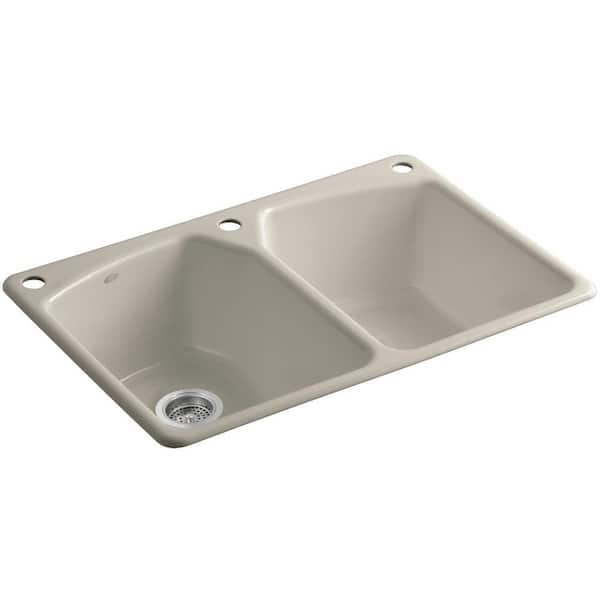 KOHLER Tanager Drop-in Cast-Iron 33 in. 3-Hole Double Bowl Kitchen Sink in Sandbar