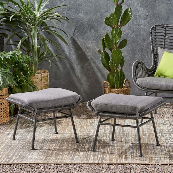 Faux Rattan Plastic Outdoor Patio Ottoman Set of 2 with Gray Waterproof Cushion, Steel Frame for Backyard, Yard, Lawn