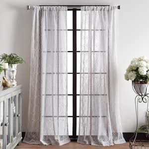 Hourglass Embroidery 50 in. W x 95 in. L Rod Pocket Sheer Curtain Panel in Silver (2-Set)