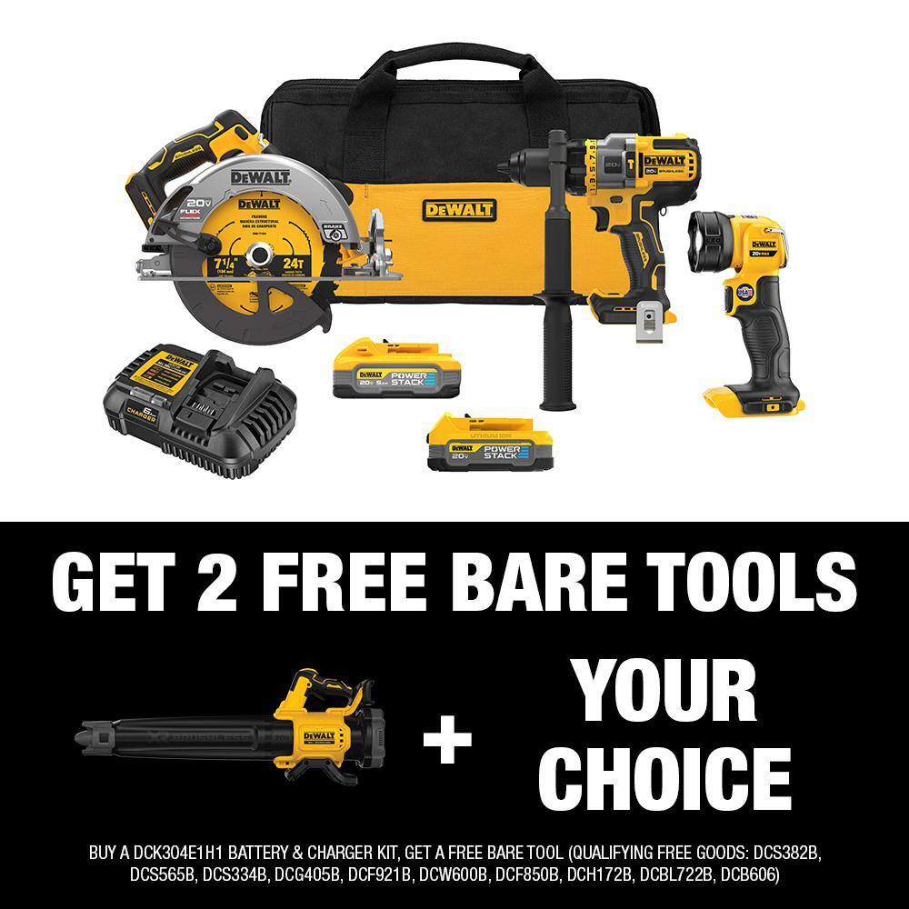 DEWALT 20V MAX Lithium-Ion Cordless 3-Tool Combo Kit and 125 MPH 450 CFM Brushless Blower with 5.0 Ah Battery & 1.7 Ah Battery -  DCK304E1H1W722B