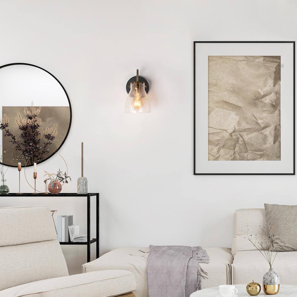 Matte Black and Gold Wall Sconce with Crackled Glass Shade