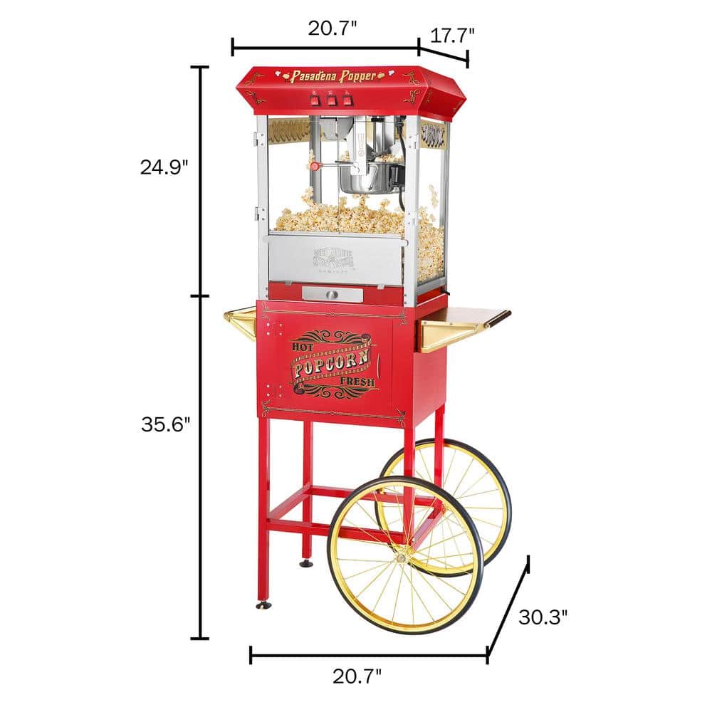 Great Northern Popcorn 8 oz. Pasadena Popcorn Machine- Kettle, Old Maids Drawer, Warming Tray and Scoop with Cart- Red