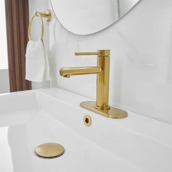 Single-Handle Single Hole Low-Arc Bathroom Faucet with Drain Assembly Drip-Free Vanity Sink Faucet in Brushed Gold