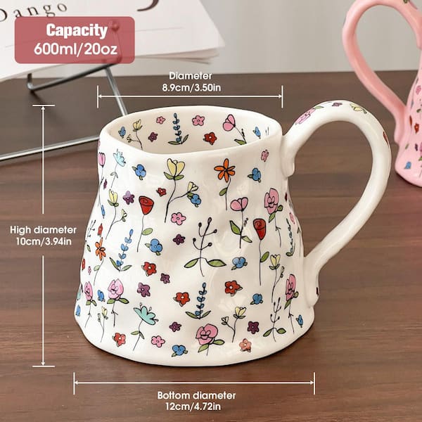 Numhew 20 oz. Pink Ceramic Summer Floral Irregular Oversized Coffee Mug with Handmade Big Handle for Daily Drinks (Set of 1)