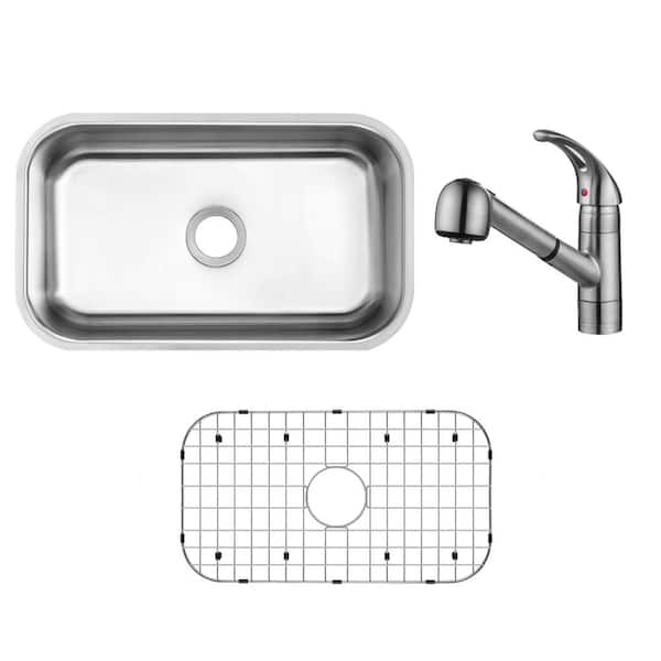 CHESHIRE 32 in. Undermount Single Bowl 18-Gauge Stainless Steel Kitchen Sink Package with Pull-Out Brushed Nickel Kitchen Faucet