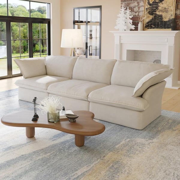 J&E Home 122.82 in. Flared Arm Linen Modern Rectangle Sofa with Pillow in Beige