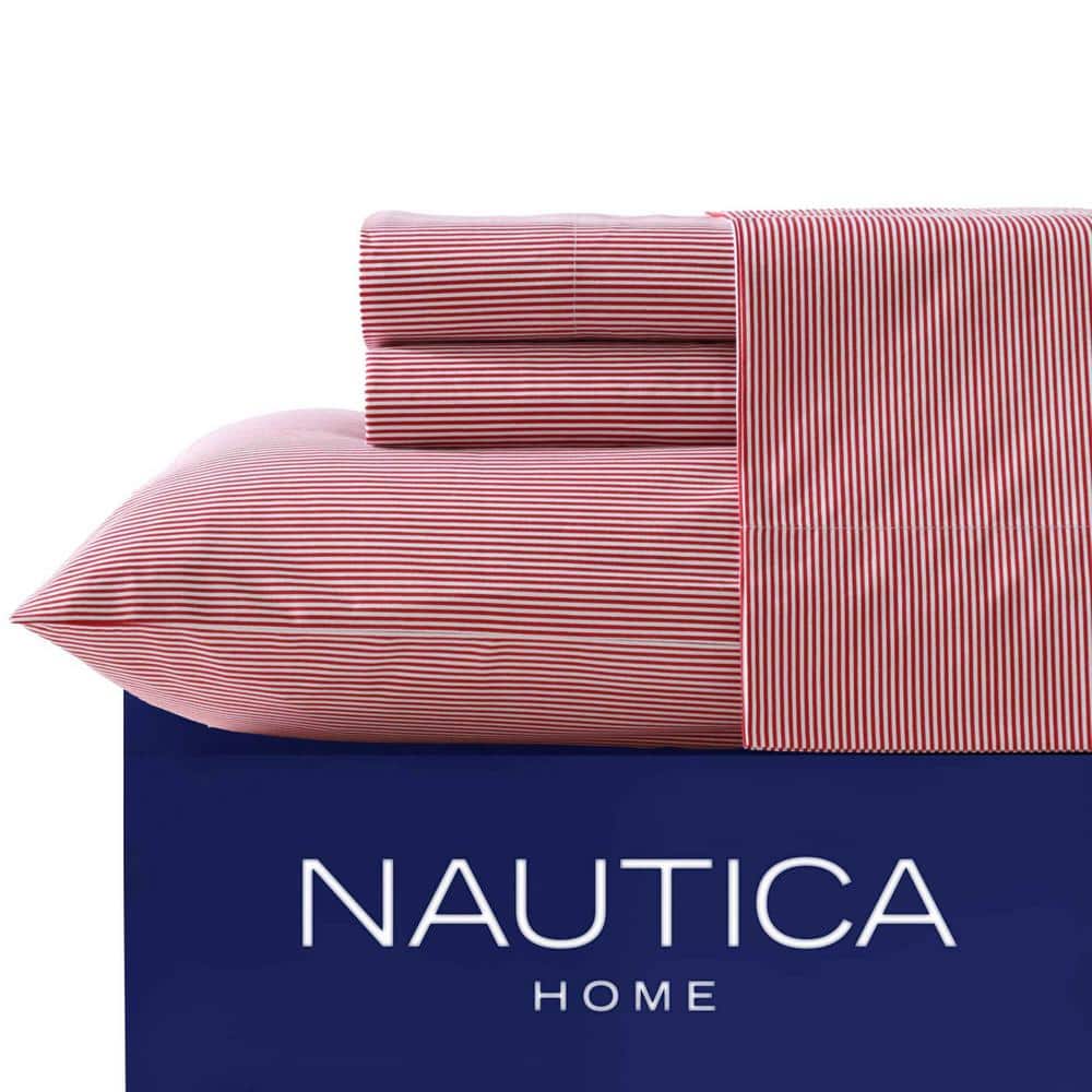 Full Size Red and White Cotton Percale Stripe Sheet Set