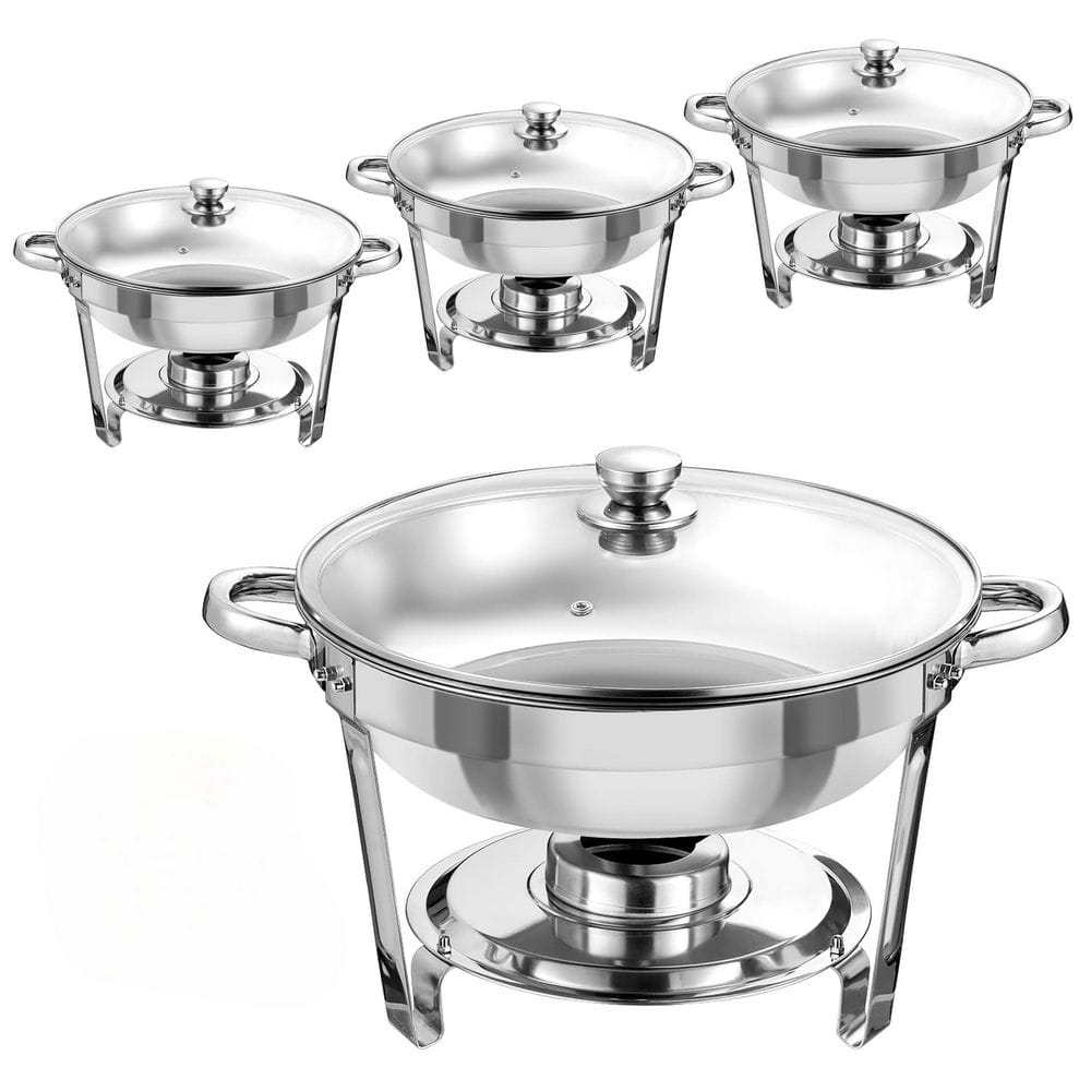 Round 5 qt. Silver Stainless Steel Chafing Dish Buffet Set with Transparent Glass Cover Stackable Easy Install 4-Pack