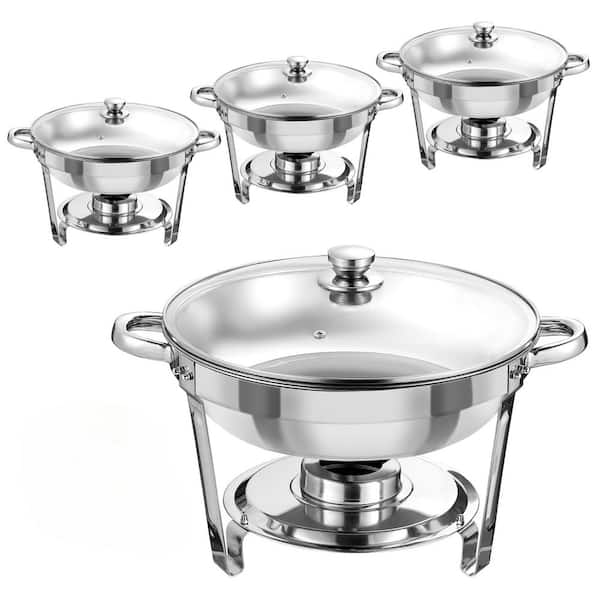 Round 5 qt. Silver Stainless Steel Chafing Dish Buffet Set with Transparent Glass Cover Stackable Easy Install 4-Pack