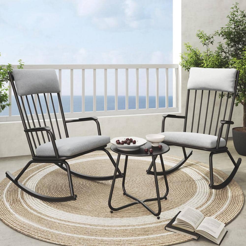 Upland Black Metal Outdoor Rocking Chair with Beige Cushion, 3-Piece RC ...