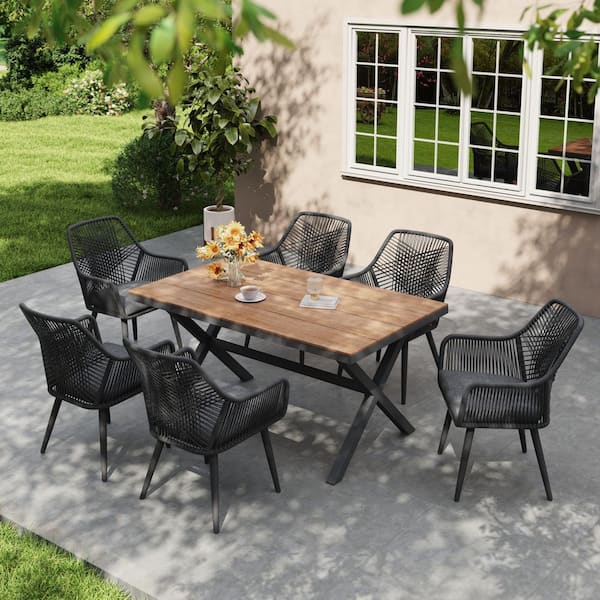 7-Piece Wood Patio Outdoor Dining Set with Gray Cushions, PE Rattan Chairs and Rectangle Wood Table
