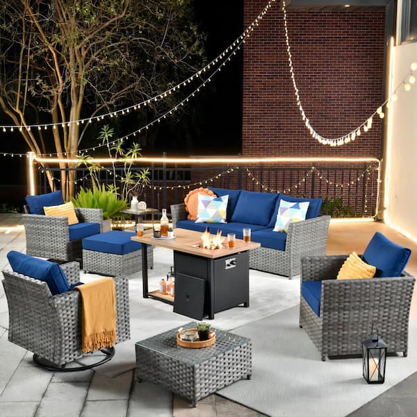 weaxty W Warner Gray 10-Piece Wicker Patio Fire Pit Conversation Set with Navy Blue Cushions and Swivel Rocking Chairs