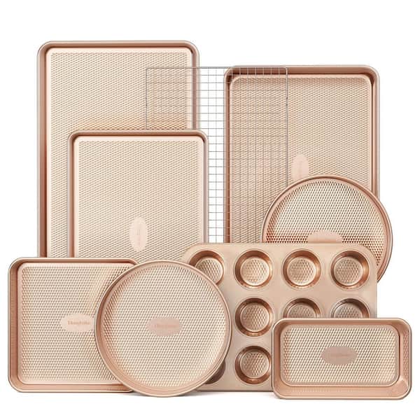 9-Piece Carbon Steel Bakeware Set, Oven Pan Set for Cooking, Includes Cookie Sheet with Rack Cake Pan Roasting Pan, Gold