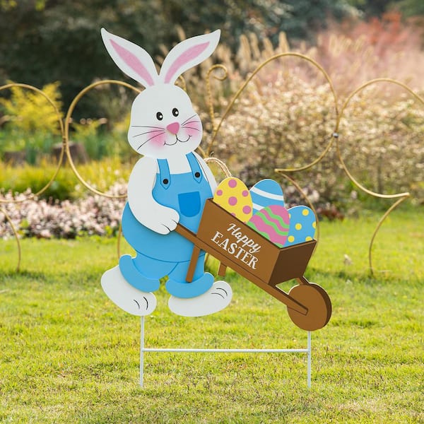 Glitzhome 30.5 in. H Wooden Easter Bunny Cart Yard Stake or Wall ...