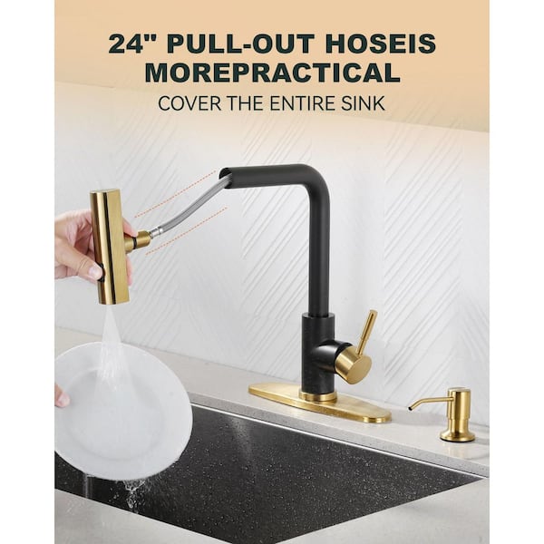 13.5in. H Single Handle 360° Swivel Pull Out Sprayer Kitchen Faucet w/3-Spray Modes and Soap Dispenser in Black and Gold