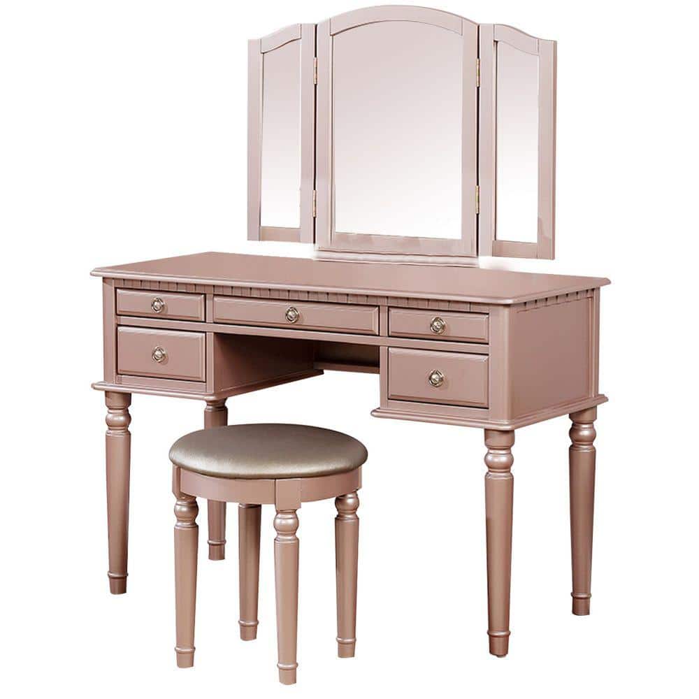 Benjara Rose Gold Vanity Set with Turned Tapered Legs and Mirror BM232895 -  The Home Depot