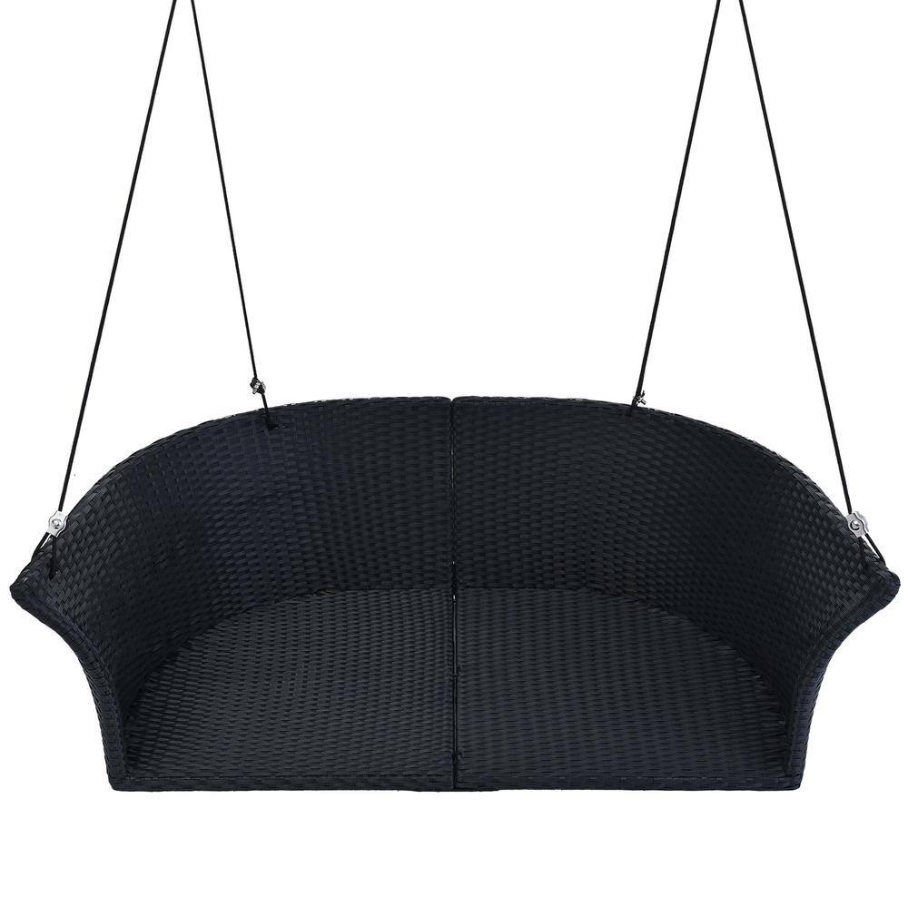 Black Wicker and White Cushion 2-Person Porch Swing