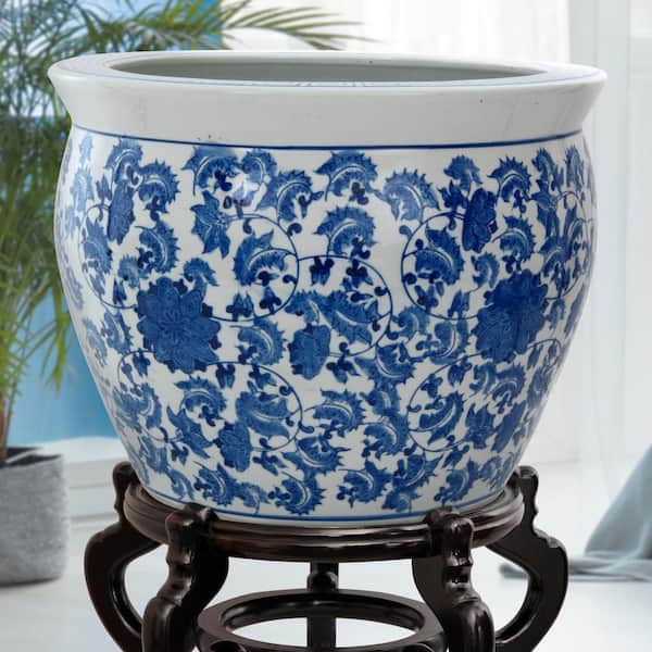 Oriental Furniture 14" Ladies Blue & White Porcelain Fishbowl 