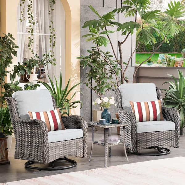XIZZI Moonlight Gray 3-Piece Wicker Patio Conversation Seating Sofa Set with Gray Cushions and Swivel Rocking Chairs