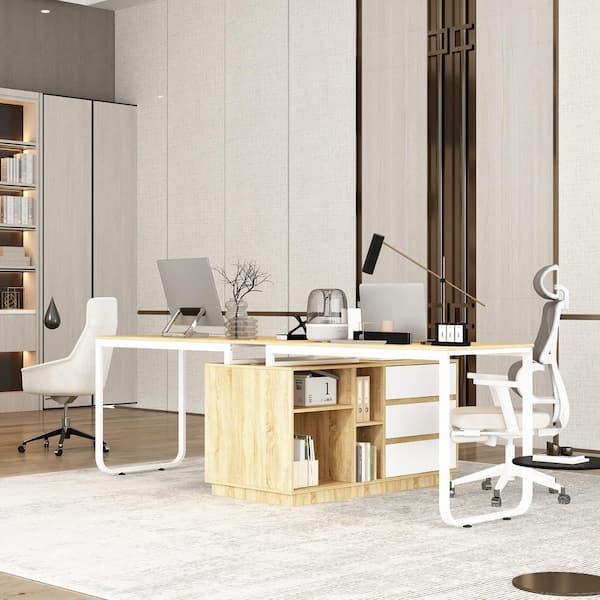 FUFU&GAGA 94.6 in. W T-Shape Brown Wood Grain Wooden 6-Drawer 2 People Office Computer Desk, with 8 Open Shelves for Home Office