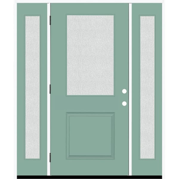 Steves & Sons Legacy 64 in. x 80 in. 1/2 Lite Rain Glass RHOS Primed Quarry Finish Fiberglass Prehung Front Door w/Dbl 12 in. SL