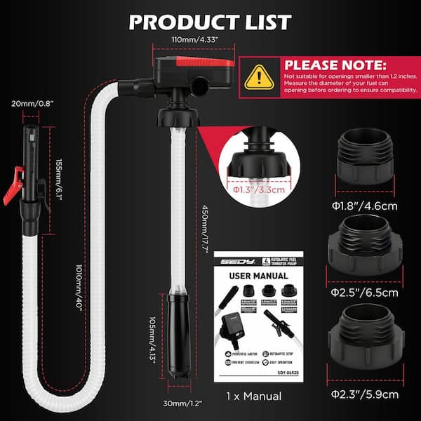3.2 GPM Portable Fuel Transfer Siphon Pump with Auto-Stop Sensor and 3 Adapters