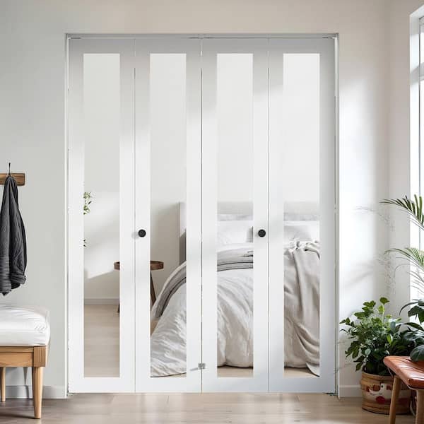 60 in. x 78 in. (Double 30 in. ) 1-Lite Mirrored Glass Solid Core White MDF Closet Bi-fold Door with Hardware Kit