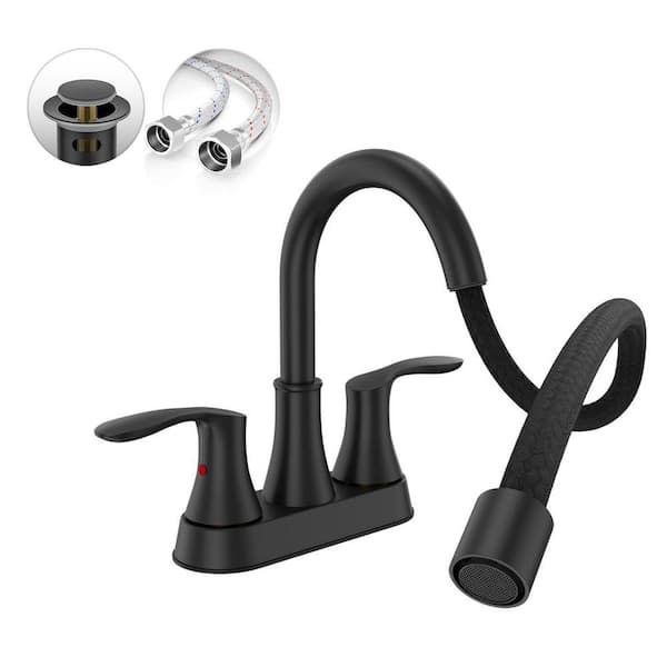 4 in. Centerset Bathroom Sink Faucet Swivel Spout Matte Black-Complete Set with Pull-Out Sprayer, Metal Pop-Up Drain