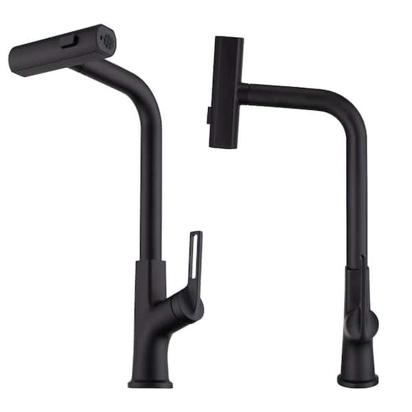 Single Handle 17.72 in. Pull Out Sprayer Kitchen Faucet with 360° Swivel Spout 1-Hole Kitchen Sink Taps in Matte Black