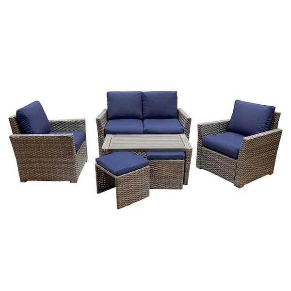 Leisure Made Newton 6-Piece Wicker Seating Set with Navy Cushions