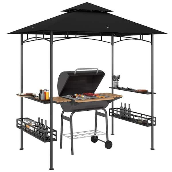 8 ft. x 5 ft. Grill Gazebo, 2-Tier Outdoor BBQ Gazebo with 2 Side Shelves, Storage Baskets and Ceiling Hook Dark Gray