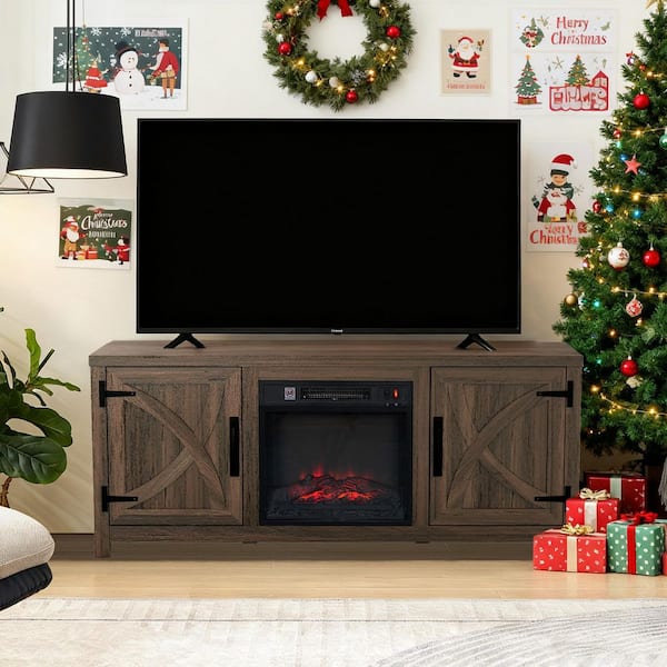 Farmhouse 58 in. Freestanding Media Console Electric Fireplace TV Stand in Dark Brown