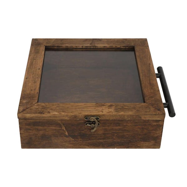 Brown 11 in. x 10 in. Firwood Decorative Storage Box with Hinged Lid