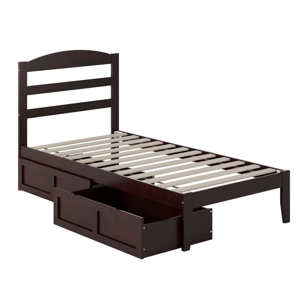 Espresso Twin Solid Wood Upholstered Platform Bed with Storage