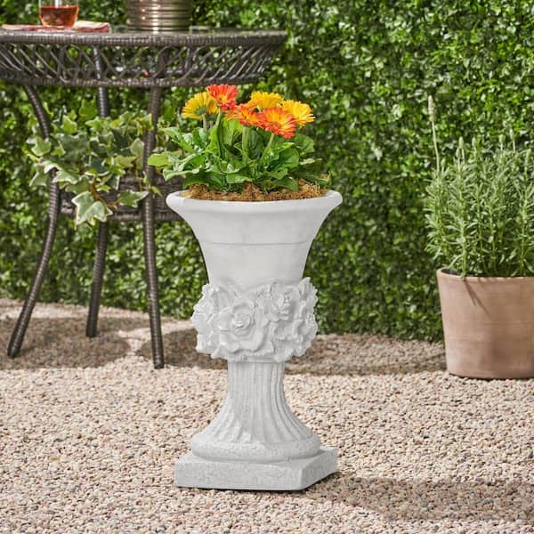 Bohnhof 11.75 in. W x 19.5 in. H Antique White Lightweight Concrete Outdoor Garden Urn Planter with Floral Accents