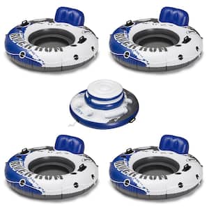River Run 1 Inflatable Pool Floating Tube Raft (4-Pack) with Mega Chill Cooler