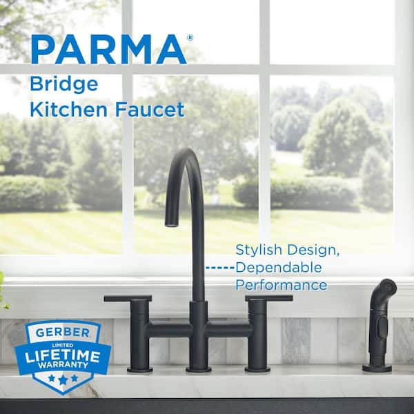 Parma Double Handle Deck Mount Bridge Kitchen Faucet with Spray with 1.75 GPM in Satin Black