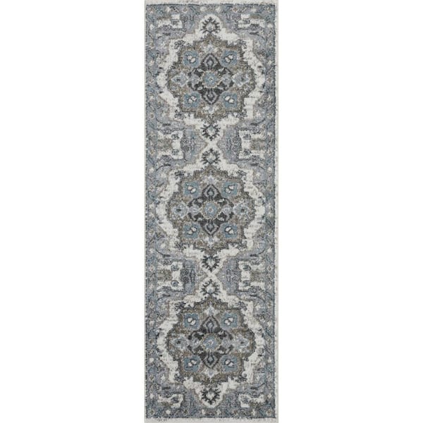 Alexandria 2 ft.   x  6 ft.  Ivory/Stone Gray Medallion Pattern Runner Rug for High Traffic Entryway Kitchen Hallway