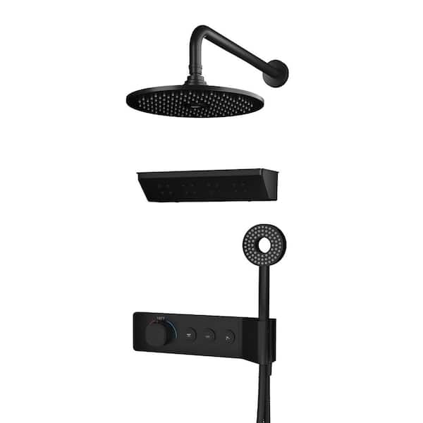 Single-Handle 4-Spray Wall Mounted Thermostatic Shower Faucet 2.5 GPM with Body Spray in Matte Black