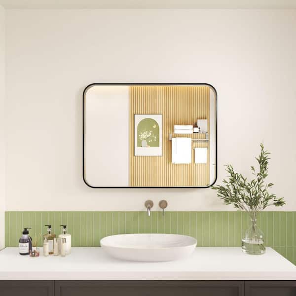 28 in. W x 36 in. H Rectangular Aluminum Framed Wall Bathroom Vanity Wall Mount Mirror in Black