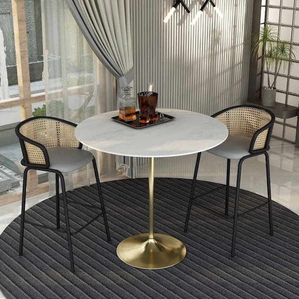 Verve 48 in. Bar Height Dining Table with Sintered Stone Top and Brushed Gold Steel Pedestal Base in Marble White