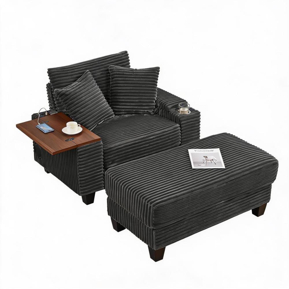 Fluffy Corduroy Storage Armrest 54 in. Wide Flared Arm Corduroy Single Sofa with Ottoman, Cup Holder, Bluetooth price history on PriceWatchPro