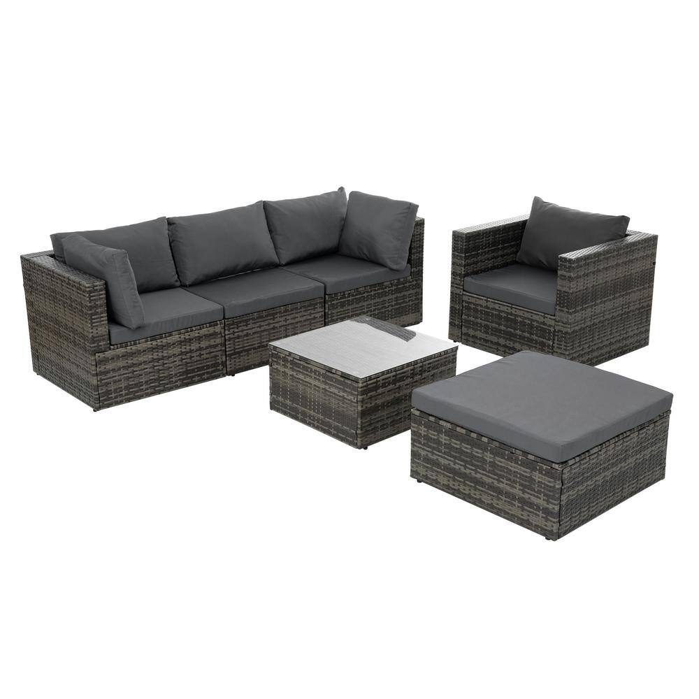 6-Piece Gray Wicker Patio Conversation Set with Dark Gray Cushions, Tempered Glass Coffee Table price history on PriceWatchPro