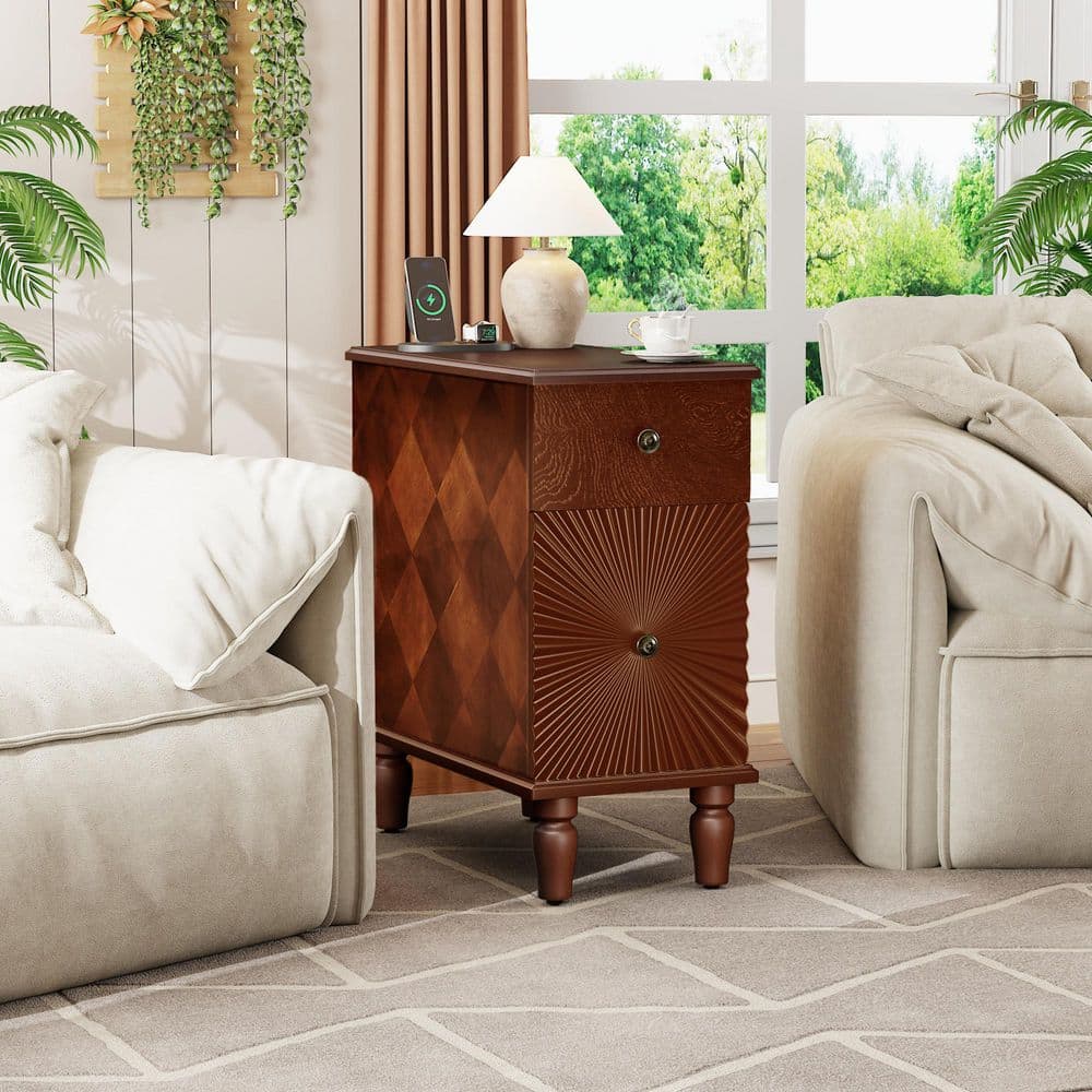 2 Drawer Modern Sofa Side Table, Narrow Side Table, Slim Nightstand for Living Room, Bedroom in Walnut