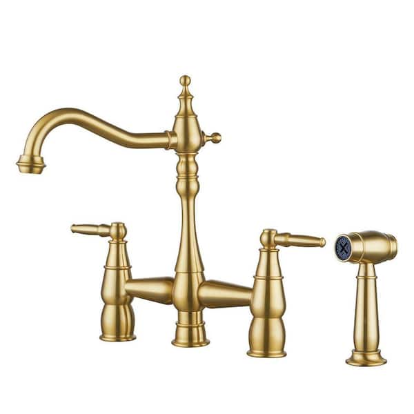 Vintage Double Handle Bridge Kitchen Faucet with Faucet-Side Sprayer in Brushed Gold