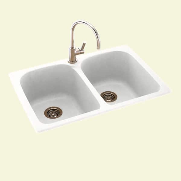 Swan Drop-In/Undermount Solid Surface 33 in. 1-Hole 50/50 Double Bowl Kitchen Sink in Tahiti White