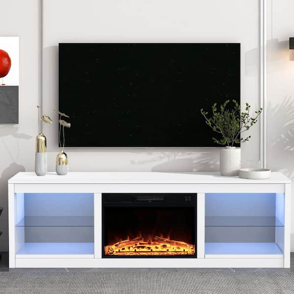 66 in. White Freestanding TV Stand Fits TVs Up to 75 in. with 23 in. Insert Electric Fireplace